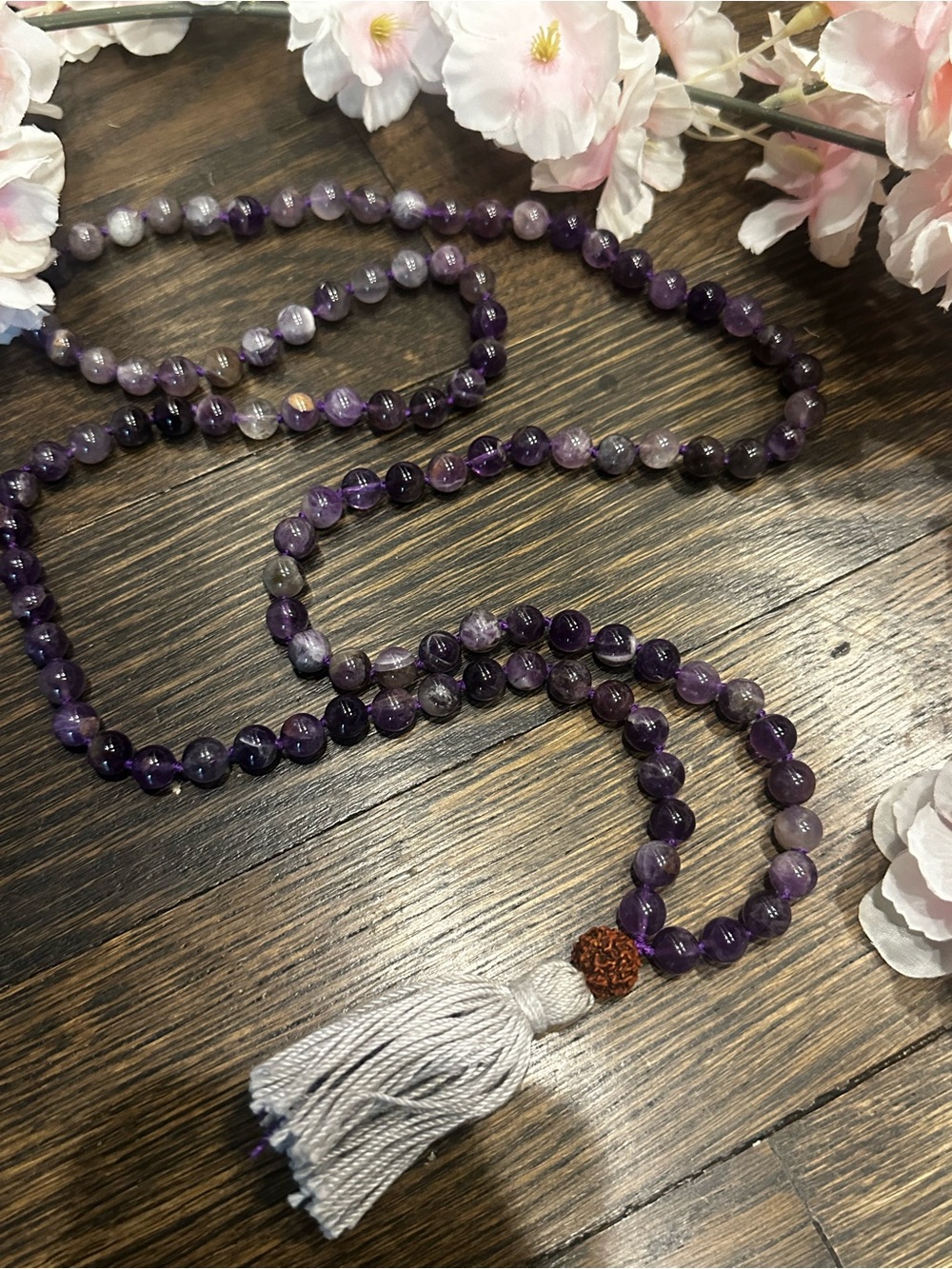 Amethyst 108 Bead Mala Necklace with Silver Tassel